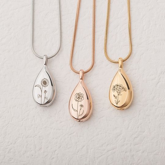 Teardrop Urn Necklace for Ashes - Personalized Birth Flower Keepsake Memorial Necklace - Engraved Birth Flower Keepsake for Women