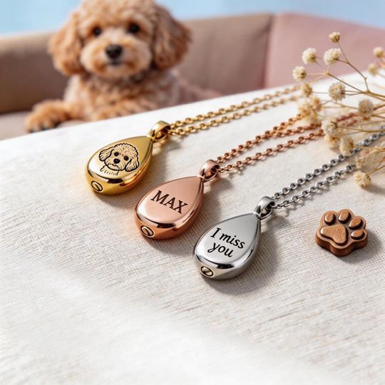 Personalized Pet Portrait Urn Necklace for Ashes | Custom Dog Memorial | Teardrop Cremation Jewelry