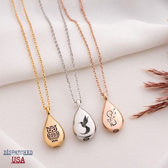 Personalized Teardrop Cremation Urn Necklace, Animal Icon, Memorial Keepsake
