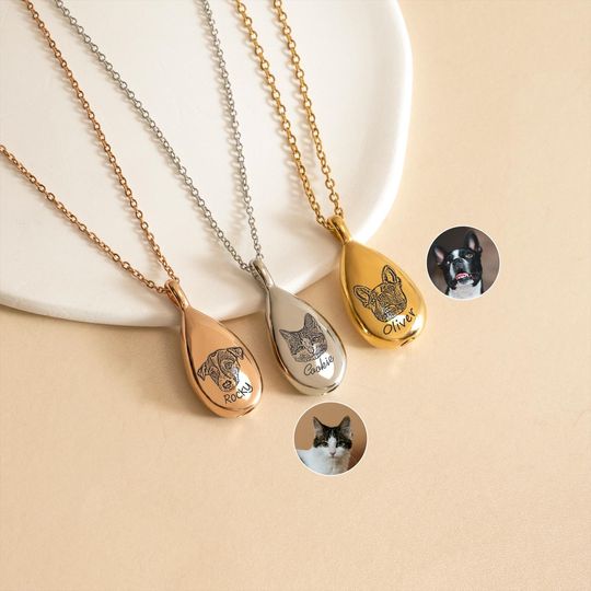 Personalized Teardrop Cremation Jewelry, Pet Urn Necklace for Ashes, Pet Memorial Jewelry, Dog Cat Urn Necklace