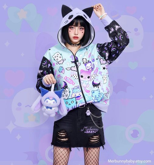 Magic cats - Unisex zipper hoodie with cat ears - kawaii, pastel goth, creepy cute, melty, bat cats, ghost, halloween, spooky  - CH1