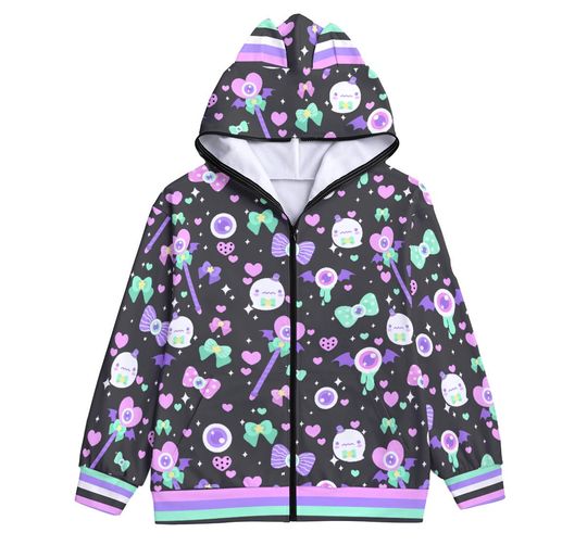 Little ghost - Unisex zipper hoodie with cat ears - eyeballs, pastel goth, creepy cute, spooky cute, yami kawaii, harajuku alt fashion - CH3