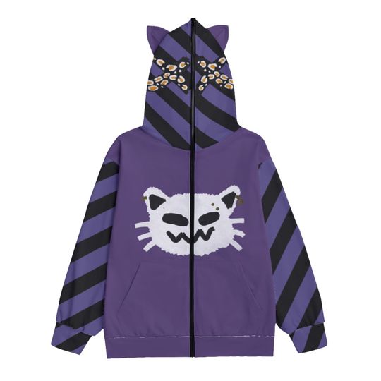 Punk Cat Zip Face Hoodie, Neon Punk Jacket, Decorative Ear Hoodie, Clowncore Clothing, Gyaru-o Style, Punk Gyaru Clothes, Scenecore Fashion