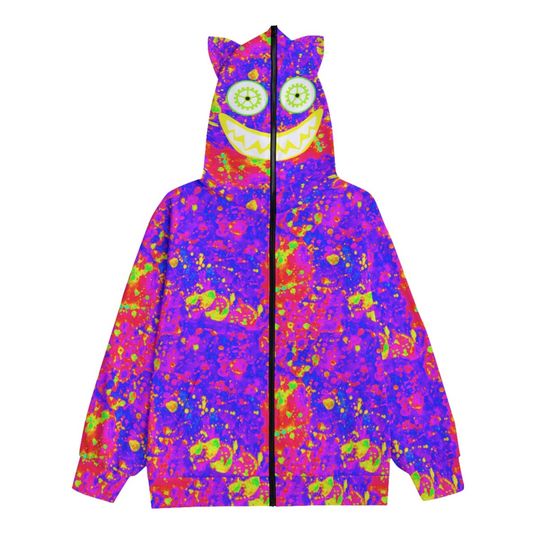 Neon Cyber Kei Zip Face Hoodie, Punk Gyaru Ear Hoodie, Gyaru-o Style Activewear