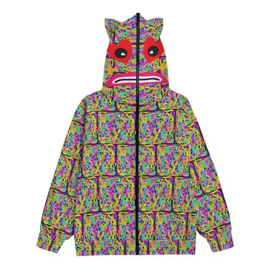Paint Brick Zip Face Hoodie, Neon Punk Jacket, Decorative Ear Hoodie, Clowncore Clothing, Gyaru-o Style, Punk Gyaru Clothes, Scenecore