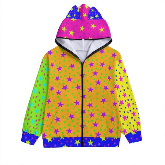 Neon Stars Zip Face Hoodie, Neon Punk Jacket, Decorative Ear Hoodie, Clowncore Clothing, Gyaru-o Style, Punk Gyaru Clothes, Scene Kids