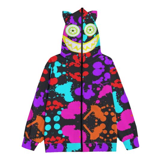 Paint Splatter Zippered Face Hoodie, Neon Punk Jacket, Decorative Ear Hoodie, Rave Clothing, Hoodie with Ears, Haaady Gyaru, Scene Fashion
