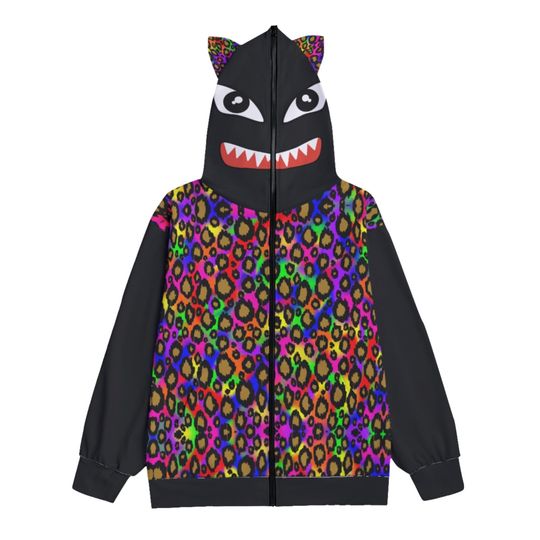 Rainbow Leopard Cat Ear Zip Hoodie, Neon Punk Cyberpunk Full Zipper Hoodie with Ears