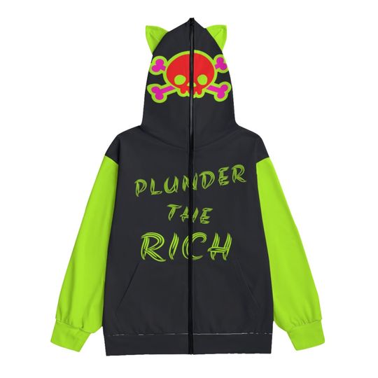 Zippered Face Hoodie, Neon Punk Jacket, Fluorescent Pirate Top, Decorative Ear Hoodie, Cyberpunk Clothing, Genderless Clothing, Anarchy