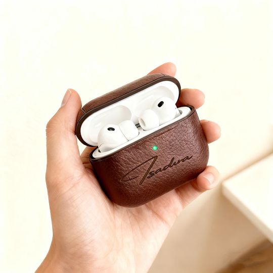 Discover Personalized Leather AirPods Case with Hook: Engraved Monogram