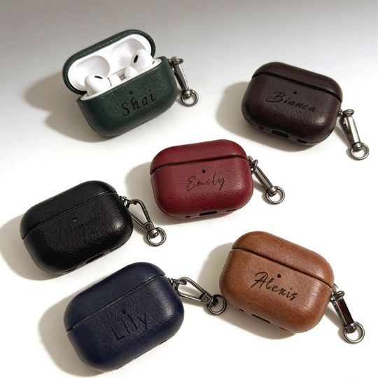 Personalized Custom Name Leather AirPods Case/Cover with Clip Cases/Women and men Customizable