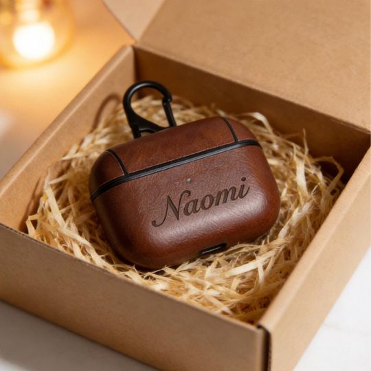 Personalized PC+Leather AirPods Case with Hook: Engraved Monogram