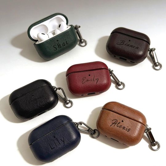 Personalized Leather AirPods Case with Keychain | Custom Name Engraved AirPods Pro & AirPods 1/2/3 Case | Gift for Him, Her, or Friends
