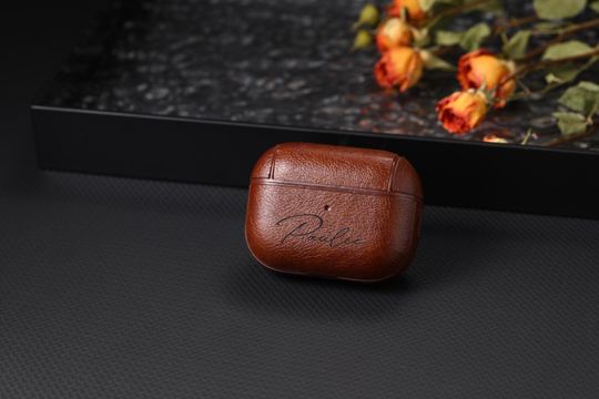 Personalized Leather AirPods Case,Custom Gunmetal Engraved Cover,Fits AirPods 4 Pro 2 3,Minimalist Tech Gift,Fathers Day Gift, Coworker Gift