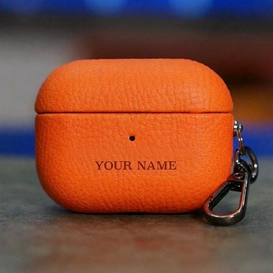 Personalized Leather AirPods Case, Custom Name Engraved AirPods Cover, Genuine Leather Protective Case with Keychain Clip, Minimal Gift