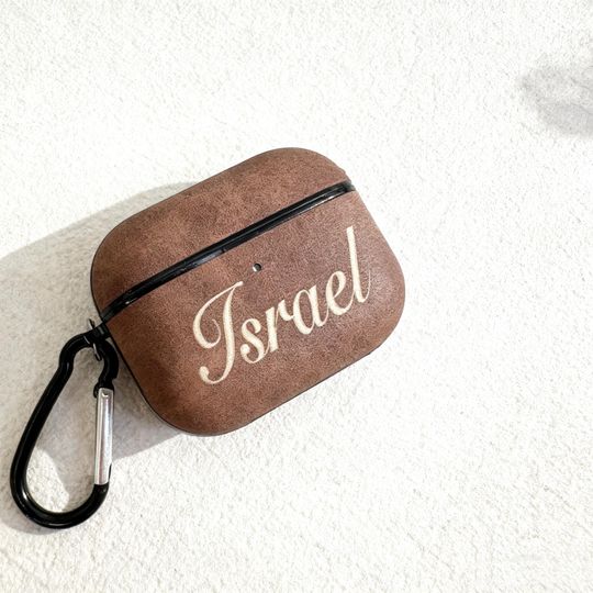 Discover Personalized Nubuck Leather AirPods Case with Hook: Engraved Monogram Name