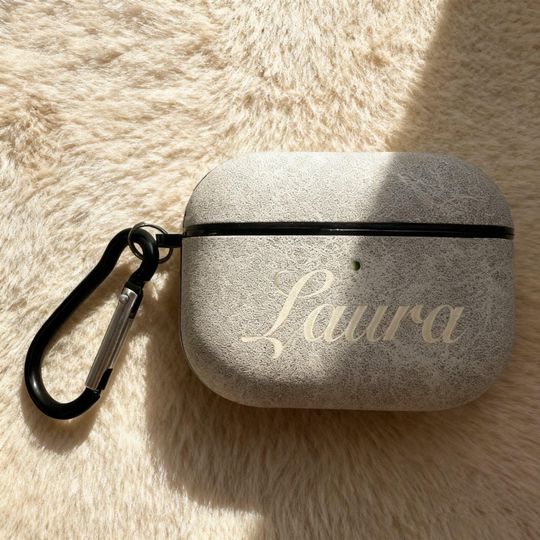 Personalized Nubuck Leather AirPods Case with Hook: Engraved Monogram Name