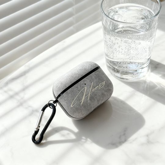 Discover Personalized Nubuck Leather AirPods Case with Hook: Engraved Monogram