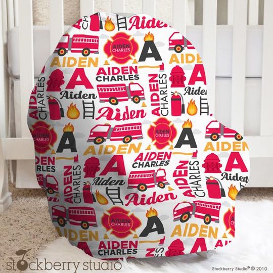 Fire truck Baby Car Seat Cover Personalized Firetruck Nursing Wrap Boy Baby Carrier Nursing Cover Stretchy Stroller Shopping Cart Cover