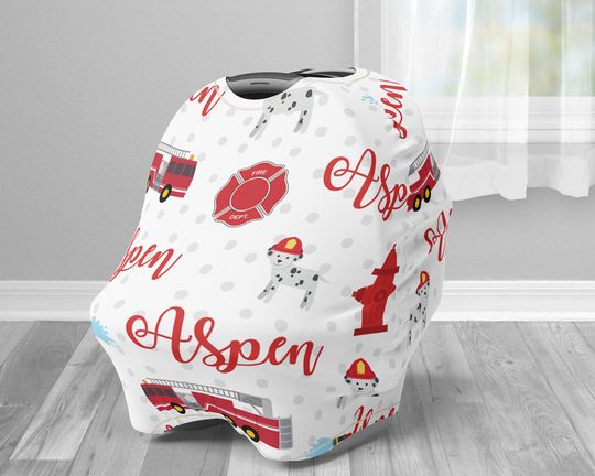 Firetruck Car Seat Canopy: Personalized Fireman Baby Carseat Cover