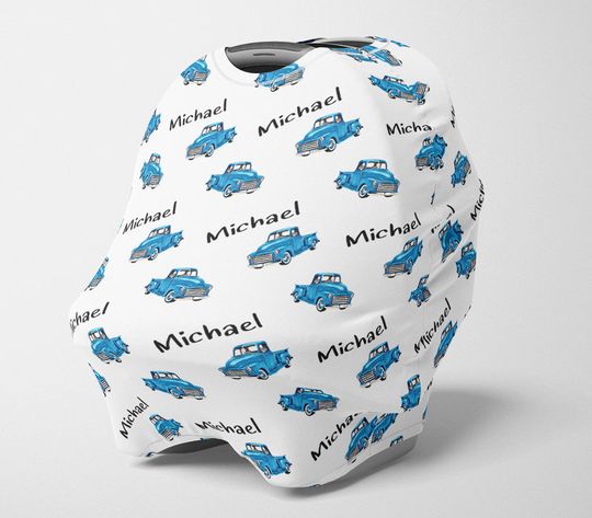 Personalized Boy Car Seat Canopy, Classic Little Blue Truck Stretchy Car seat Cover,  4 in 1 Cover, Boy Carseat Canopy, Custom Nursing Cover