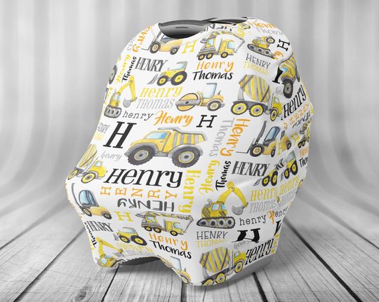Personalized Car Seat Canopy Cover - Baby Car Seat Cover Construction Truck - Personalized Nursing Cover - Car Seat Canopy Cover