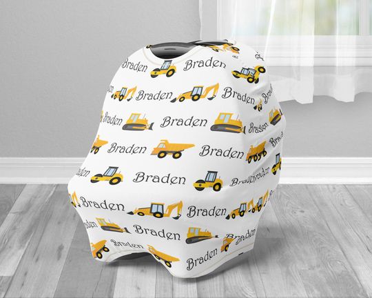 Construction car seat canopy cover, boy newborn bulldozer infant carseat name cover, personalized construction gift, nursing privacy cover