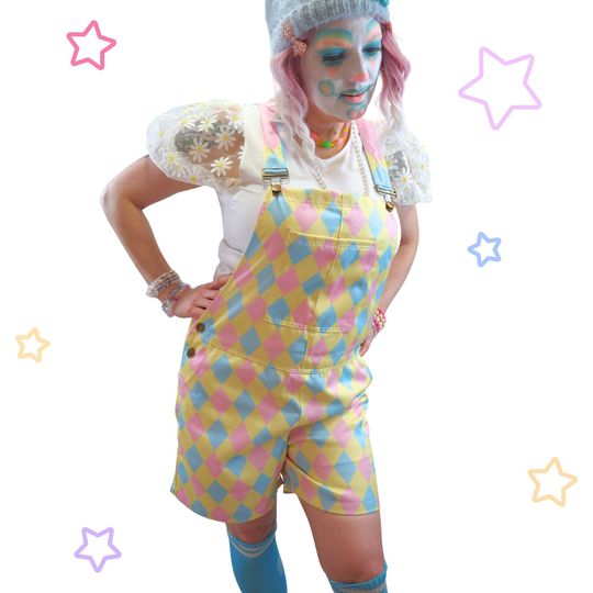 Dreamy Marshmallow Harlequin Shortie, Nonbinary Clowncore Jester Jumpsuit Clown Pants Dungaree Shorts