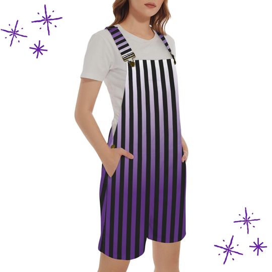 Discover Dusk Purple Black Stripe Shortie Overalls, Nonbinary Clowncore Jester Jumpsuit Clown Pants Dungaree Shorts Team Spirit Bibs