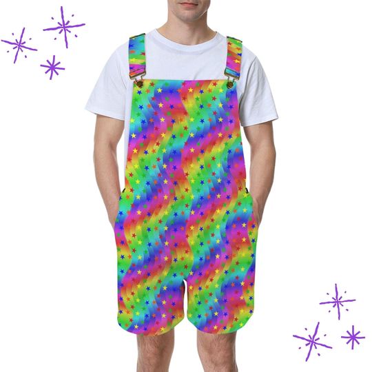 Rainbow Star Party Shortie, Kidcore Decora Clothing Quirky Clowncore Jumpsuit Rave Clown Pants Dungaree Shorts
