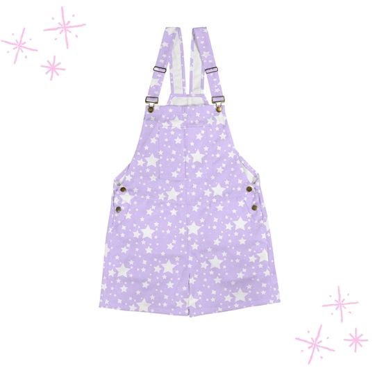 Yume Lavender Stardust Shortie Overalls, Pastel Fairy Kei Soft Clowncore Jumpsuit