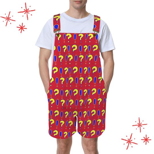 Interrobang On! Red Shortie, Funny Clowncore Jester Jumpsuit Clown Pants Dungaree Shorts