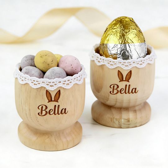 Personalized Easter Mini Wooden Egg CupCustom Engraved Name & Bunny Design | Babys First Easter Gift,  Basket Stuffer, Easter egg Holder
