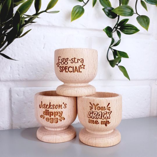 Personalised Wooden Egg Cup  Childrens Dippy Eggs, Easter, Engraved Beech Breakfast Gift | Name, Text
