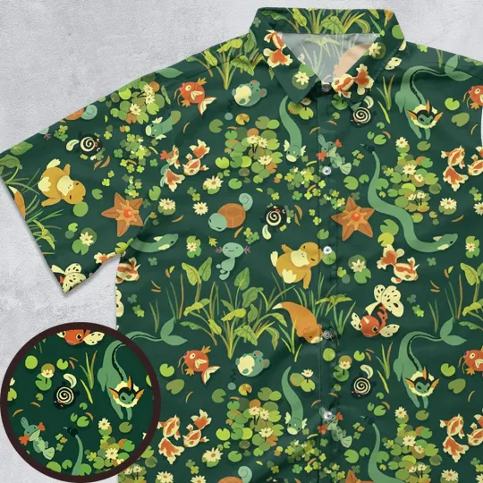 Discover Floating In A Pond Magikarp Psyduck Vaporeon Water 1Pokemon Button Down Shirt