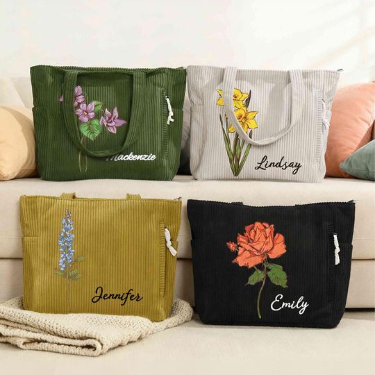 Discover Personalized Name Birth Flower Tote Bag | Large Capacity Corduroy Bag | Commuter Handbag Birthday Gift for Women, Her, Mom