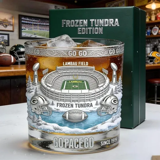 Discover Packers Fro.zen Tundra Whiskey Glass Lambeau Field Go Pack Go