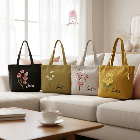 Discover Personalized Birth Flower Corduroy Tote Bag, Custom Zipper Bag