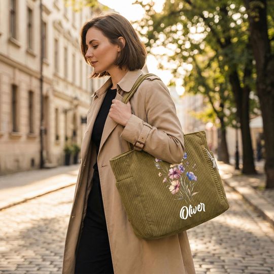 Discover Custom Birth Flower Corduroy Tote Bag, Personalized Zipper Shoulder Bag