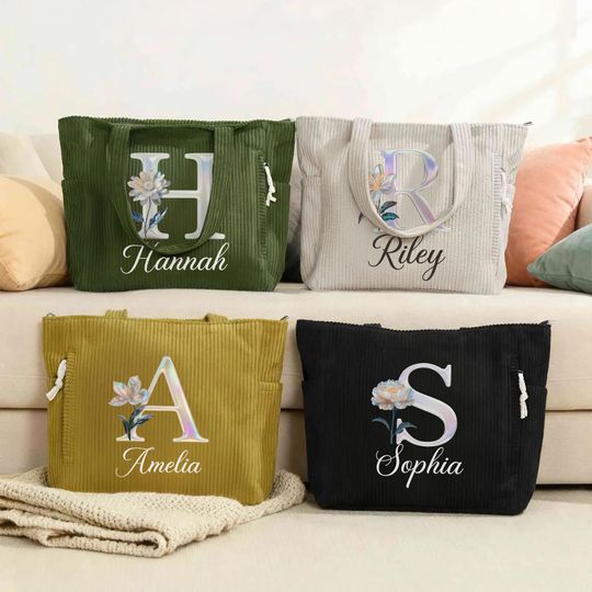 Discover Personalized Pearl Effect Birth Flower Corduroy Large Capacity Tote Bag Custom Name and Initial Daily Use Birthday Gift for Her