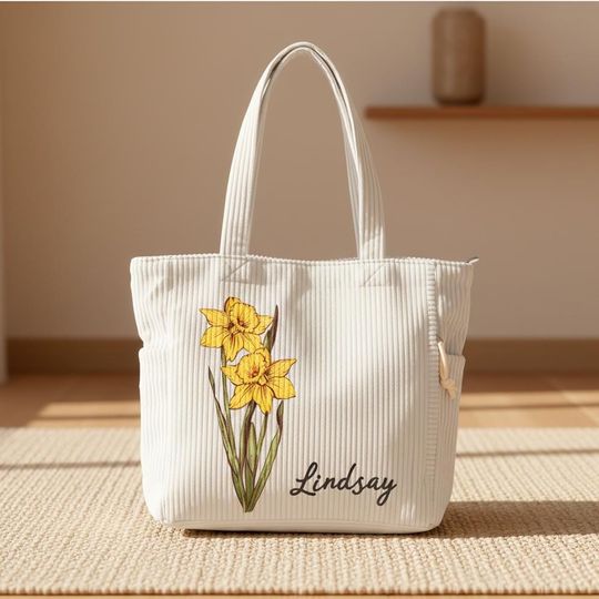 Custom Name Birth Flower Corduroy Tote Bag, Large Capacity Zippered Commuter Handbag with Side Pockets, Birthday Gift for Her/Friends/Women