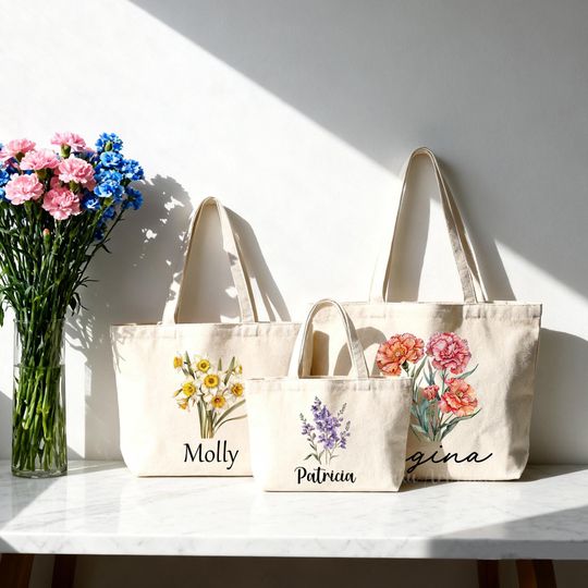 Discover Personalized Birth Month Flower Tote Bags with Name,Birth Flower Tote Bags for Woman,Personalized Canvas Tote Bags for Her,Portable Handbag