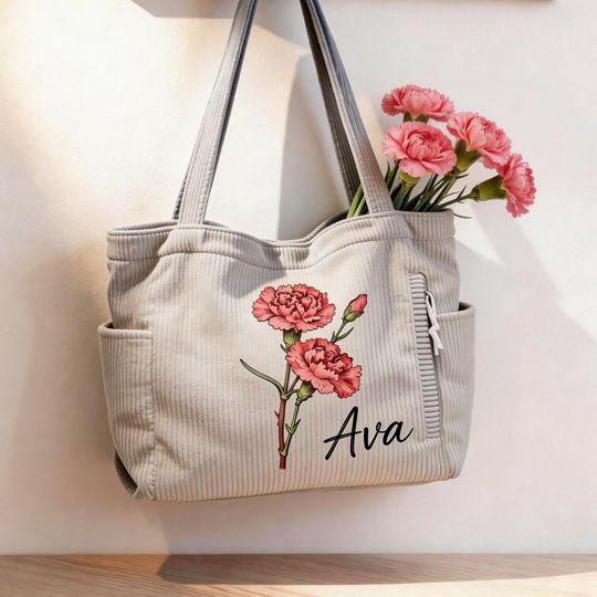 Discover Custom Name Birth Flower Corduroy Tote Bag, Large Capacity Zippered Handbag with Side Pockets, Personalized Gift to Her Mom Bestie Friends
