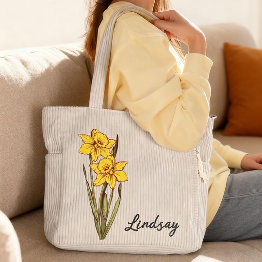 Personalized Birth Flower Corduroy Tote Bag for Women, Custom Large Shoulder Handbags with Zipper Name, Travel College Work Accessory