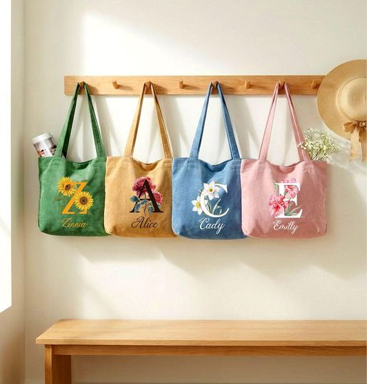 Discover Bridesmaid Proposal GiftCustom Tote BagBirth Flower Corduroy BagZippered ToteBachelorette PartyBridal ShowerPersonalized Name Bag