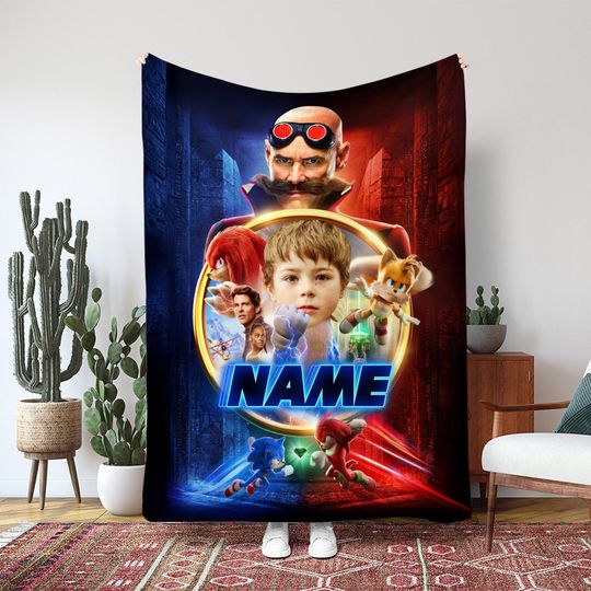 Discover Speed Hero Cartoon Blanket, Blue Hedgehog Squad Blanket, Fast Runner Hero Photo Throw Blanket, Custom Face Baby Boy Blanket, MAA055