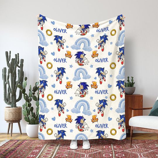 Discover Blue Hedgehog Movie Blanket, Speed Hero And Friends Blanket, Fast Runner Adventure Blanket, Custom Character Name Kids Hero Blanket, MAA055