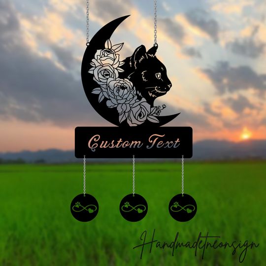 Discover Custom Metal Black Moon Cat Wind Chime, Personalized Metal Cat Garden Decor, Outdoor Tree Hanger,Outdoor Hanger Decor, International Cat Day