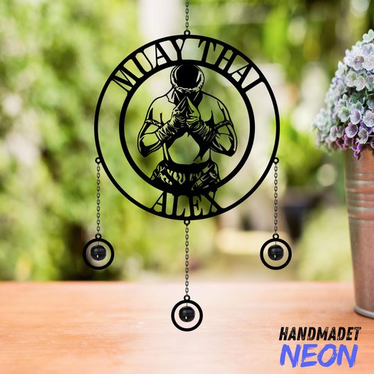 Discover Personalized Muay Thai Metal Wind Chime, Custom Fighter Wind Chimes with Name, Martial Arts Gym Wall Art, Kickboxing Gift for Him