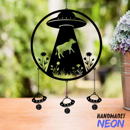 Discover Personalized UFO Abduction Cow Wildflowers Wind Chimes, Funny Gifts for Kis, Window Hanging, Outdoor Decor, Wind Chimes Gift, Cow Sign